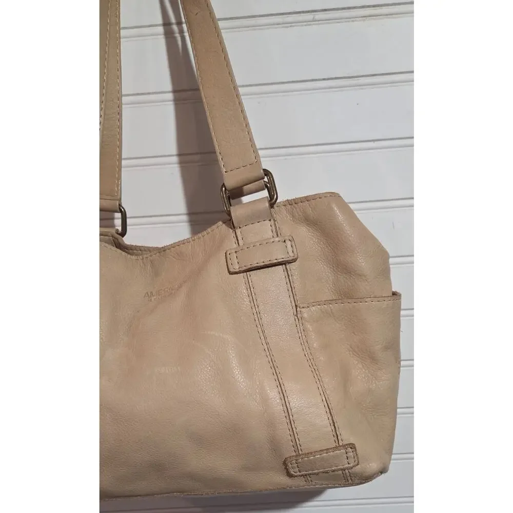 American Leather Co. Genuine Leather Beige Shoulder Tote Handbag Purse
